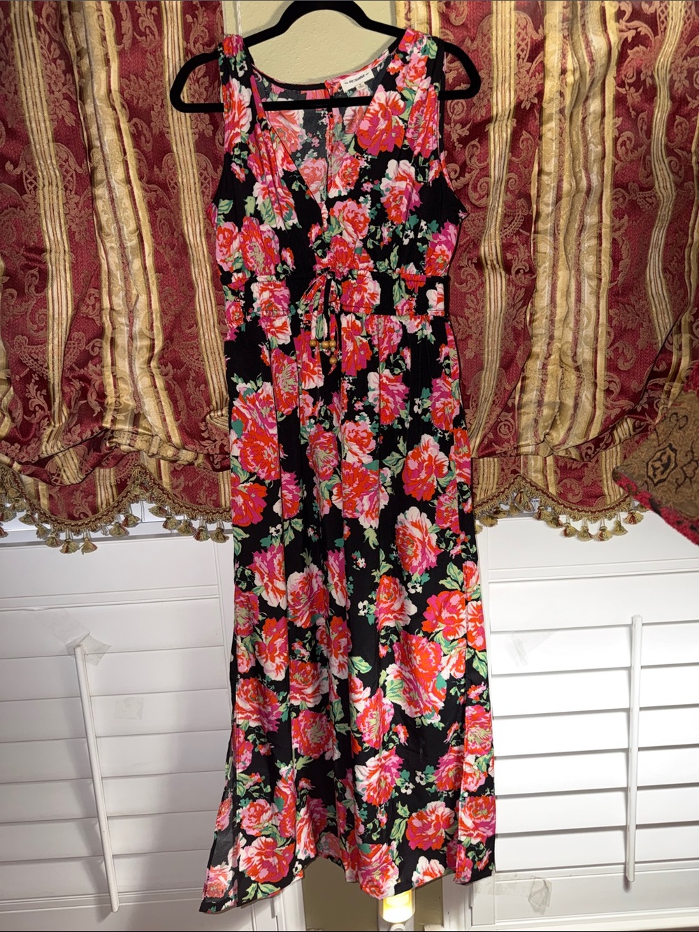 eesome Black Floral Maxi Jumpsuit with Pink & Red Flowers